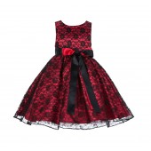 Red/Black Floral Lace Overlay Ribbon Sash Flower Girl Dress 163R