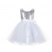 Silver/White/White Glitter Sequin Tulle Flower Girl Dress Recital Ceremony 123S