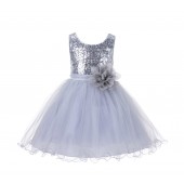Silver Glitter Sequin Tulle Flower Girl Dress Reception Recital 011NF