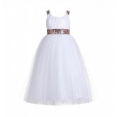 Rose Gold / White Sequin Tulle Dress Crossed Straps A-Line Flower Girl Dress 173
