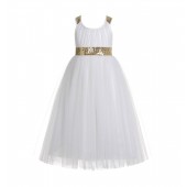 Gold / ivory Sequin Tulle Dress Crossed Straps A-Line Flower Girl Dress 173