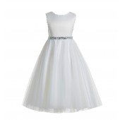 White / Silver V-Back Lace Edge Flower Girl Dress 183