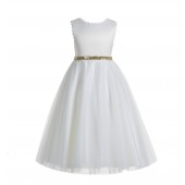 White / Gold V-Back Lace Edge Flower Girl Dress 183