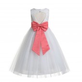 Ivory / Coral Floral Lace Heart Cutout Flower Girl Dress with Flower 172T