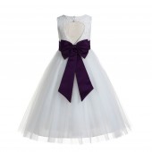 Ivory / Plum Floral Lace Heart Cutout Flower Girl Dress with Flower 172T