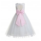 Ivory / Pink Floral Lace Heart Cutout Flower Girl Dress with Flower 172T
