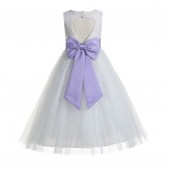 Ivory / Lilac Floral Lace Heart Cutout Flower Girl Dress with Flower 172T