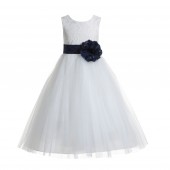 Ivory / Marine Floral Lace Heart Cutout Flower Girl Dress with Flower 172T