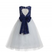 Navy Blue Floral Lace Heart Cutout Flower Girl Dress with Flower 172F