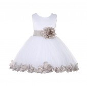 White/ Biscotti Rose Petals Tulle Flower Girl Dress Wedding 305T