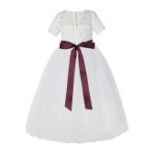 Ivory / Burgundy Floral Lace Flower Girl Dress with Sleeves LG2