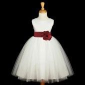 White/Burgundy Satin Tulle Flower Girl Dress Wedding Pageant 831S