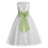 Ivory / Apple Green V-Back Lace Edge Flower Girl Dress 183T