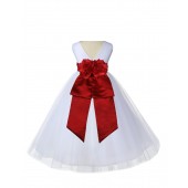 V-Neck Tulle White/Apple Red Flower Girl Dress Wedding Pageant 108