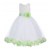 White / Apple Green Floral Lace Heart Cutout Flower Girl Dress with Petals 185T