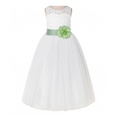 Ivory / Apple Green Lace Tulle Scoop Neck Keyhole Back A-Line Flower Girl Dress 178