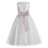 Ivory / Biscotti Almond V-Back Lace Edge Flower Girl Dress 183T