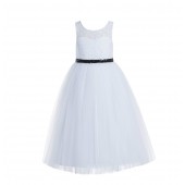 White / Black Lace Tulle Scoop Neck Keyhole Back A-Line Flower Girl Dress 178