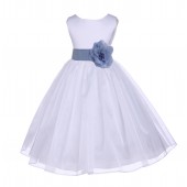 White/Bluebird Satin Bodice Organza Skirt Flower Girl Dress 841T