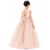 Blush Pink Satin Heart Cutout Flower Girl Dress with Pearl Beaded Trim P250