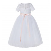 White / Blush Pink Floral Lace Flower Girl Dress Vintage Dress LG2
