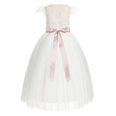 Ivory / Blush Pink Cap Sleeves Lace Flower Girl Dress V-Back Lace Dress 622R3
