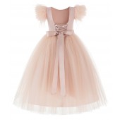 Blush Pink Vintage Corset Feather Flower Girl Dress Feather Dresses OS1