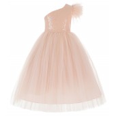 Blush Pink One Shoulder Flower Girl Dress Feather Dresses OS2