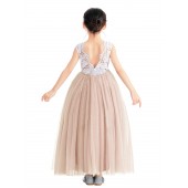 Blush Pink Backless V-Back Lace A-Line Flower Girl Dress 207