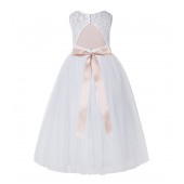 White / Blush Pink Tulle A-Line Lace Flower Girl Dress 178R3