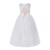 White / Blush Pink A-Line Tulle Lace Flower Girl Dress 178R4