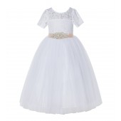 White / Blush Pink Floral Lace Flower Girl Dress Pageant Dress LG2