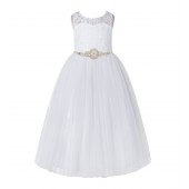 White / Blush Pink A-Line Tulle Lace Flower Girl Dress 178R7