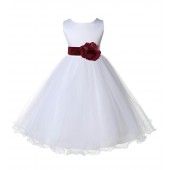 White/Burgundy Tulle Rattail Edge Flower Girl Dress Wedding Bridal 829S