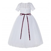 White / Burgundy Floral Lace Flower Girl Dress Communion Dress LG2