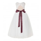 Ivory / burgundy A-Line Lace Flower Girl Dress 178R3