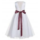 White / Burgundy V-Back Lace Edge Flower Girl Dress 183