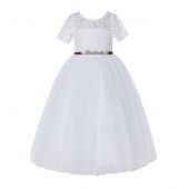 White / Burgundy Floral Lace Flower Girl Dress Baptism Dress LG2