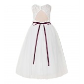 Ivory / Burgundy A-Line Tulle Lace Flower Girl Dress 178R2
