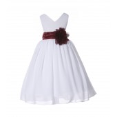 White/Burgundy V-Neck Yoryu Chiffon Flower Girl Dress Wedding 503NF