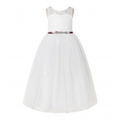 Ivory / Burgundy A-Line Tulle Lace Flower Girl Dress 178R4