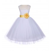 White/Canary Floral Lace Bodice Tulle Flower Girl Dress Wedding 153S