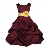 Burgundy/Canary Satin Pick-Up Bubble Flower Girl Dress Event 808T