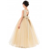 Champagne Satin Heart Cutout Flower Girl Dress with Pearl Beaded Trim P250
