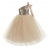 Champagne One-Shoulder Sequins Tutu Flower Girl Dress 182