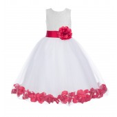 White / Cherry Red Floral Lace Heart Cutout Flower Girl Dress with Petals 185T