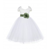 Ivory/Clover Green V-shaped Neckline Short Sleeves Tulle Flower Girl Dress 154S