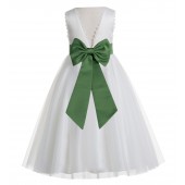 Ivory / Clover Green V-Back Lace Edge Flower Girl Dress 183T