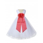 V-Neck Tulle White/Coral Flower Girl Dress Wedding Pageant 108