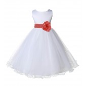 White/Coral Tulle Rattail Edge Flower Girl Dress Wedding Bridesmaid 829T